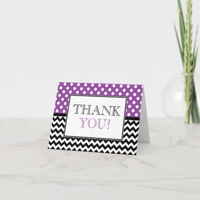 Polka Dot Purple & Chevron Thank You Card (Front)