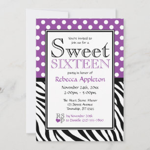 Polka Dot Purple & Zebra Print Sweet Sixteen Invitation