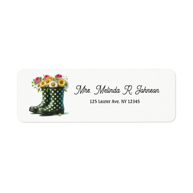 Polka Dot Rainboots Filled with Daisies Return Address Label (Front)