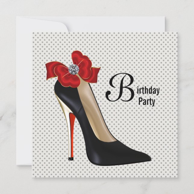 Polka Dot Red Black High Heel Shoe Birthday Party Invitation (Front)