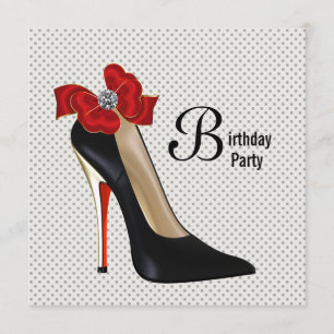 Polka Dot Red Black High Heel Shoe Birthday Party Invitation