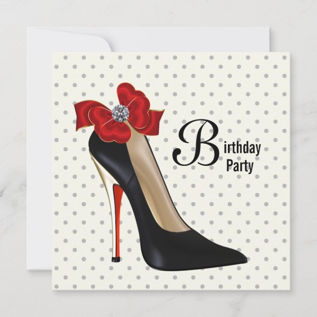 Polka Dot Red Black High Heel Shoe Birthday Party Invitation (Front)