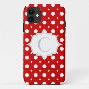Polka dot red, white, grey monogram girly iPhone 11 case