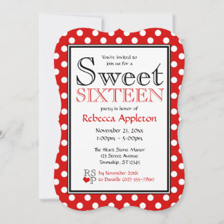 Polka Dot Red & White Sweet Sixteen Invitations