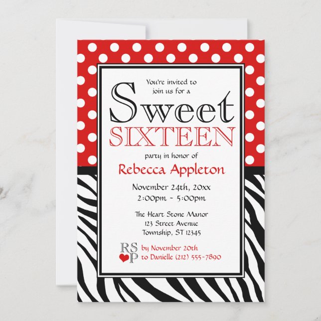 Polka Dot Red & Zebra Print Sweet Sixteen Invitation (Front)