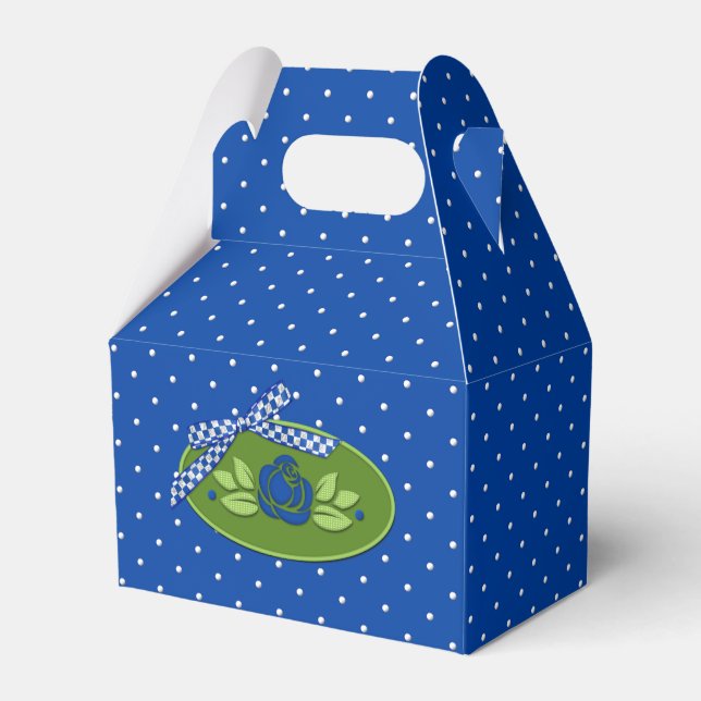 Polka Dot Roses Blue-Gable Party Favour Box (Front Side)