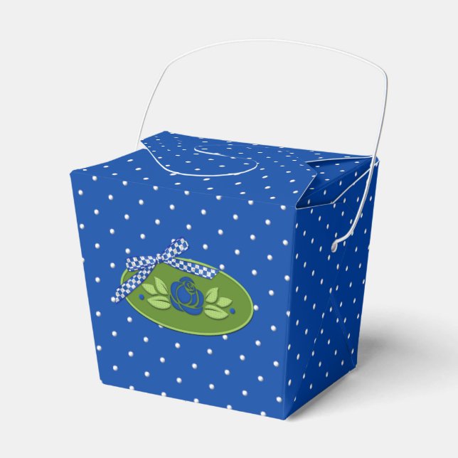 Polka Dot Roses Blue-Take Out Party Favour Box (Front Side)