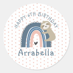 Polka Dot Sloth Rainbow Photo Girl's 6th Birthday Classic Round Sticker