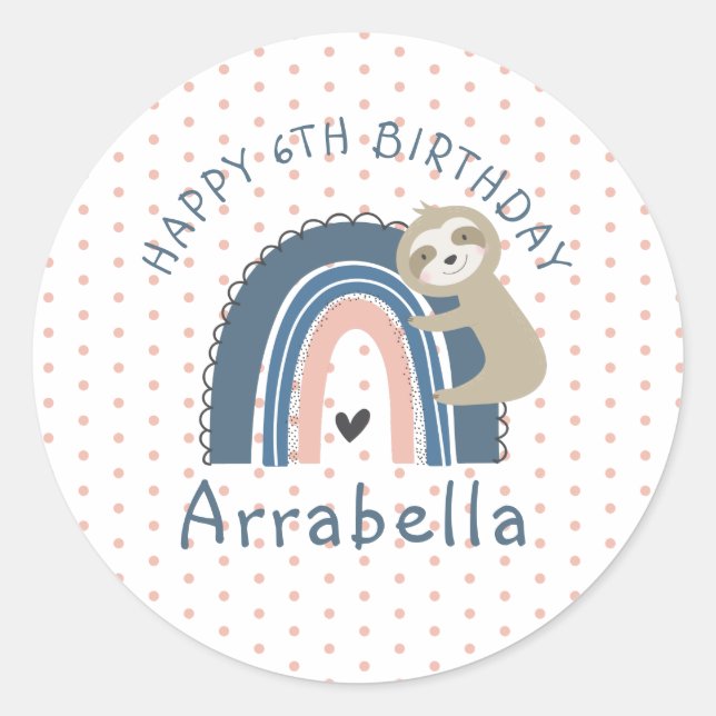 Polka Dot Sloth Rainbow Photo Girl's 6th Birthday Classic Round Sticker (Front)