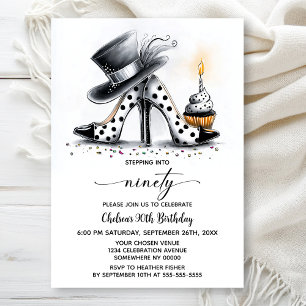 Polka Dot Stiletto Shoes 90th Birthday Invitation