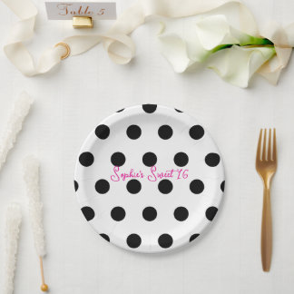 Polka Dot Sweet 16 Party White & Black Dot Paper Plate