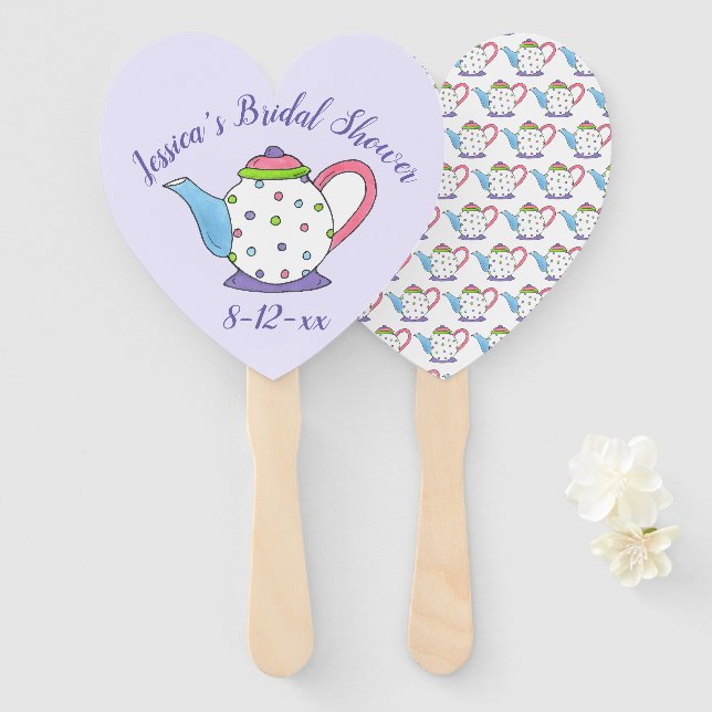 Polka Dot Teapot Afternoon Tea Bridal Shower Favou Hand Fan (Front and Back)