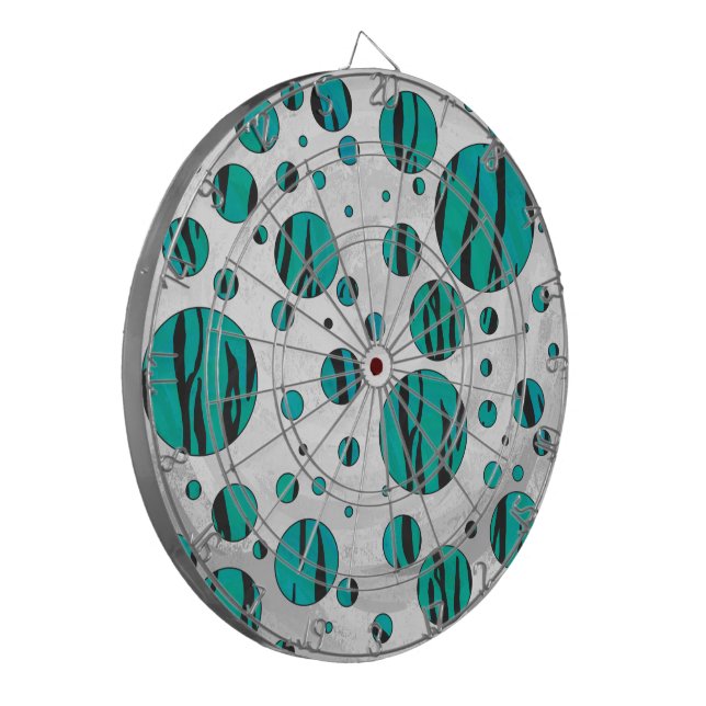Polka Dot Tiger Black and Teal Print Dartboard (Front Left)