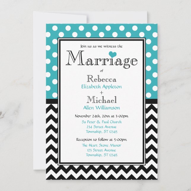 Polka Dot Turquoise & Chevron Wedding Invitations (Front)