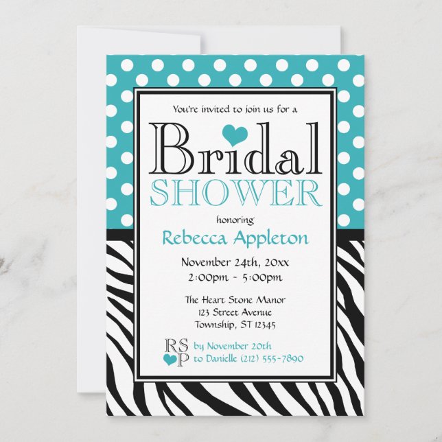 Polka Dot Turquoise & Zebra Print Bridal Shower Invitation (Front)