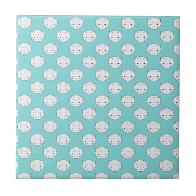 Polka Dot White Kitty Face over Teal Ceramic Tile (Front)