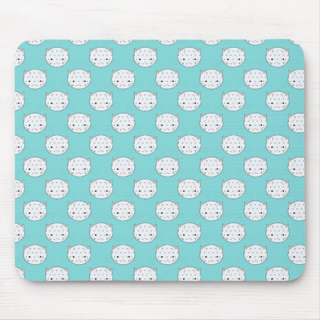 Polka Dot White Kitty Face over Teal Mouse Pad (Front)