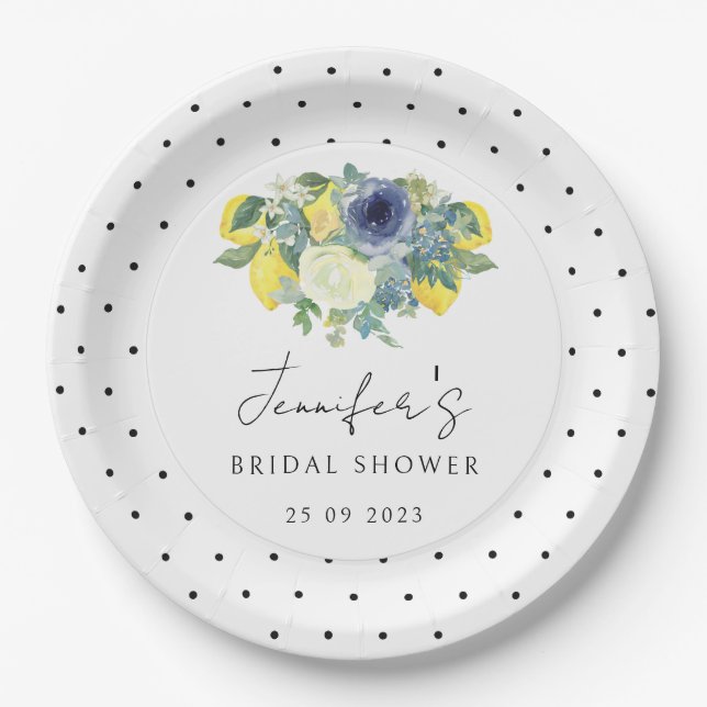Polka dot yellow blue Lemon Bridal Paper Plate (Front)