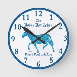 Polka Dot Zebra English Pub - Blue Round Clock