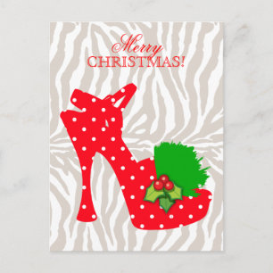 Polka Dot Zebra High Heel Shoe Xmas Red Holiday Postcard