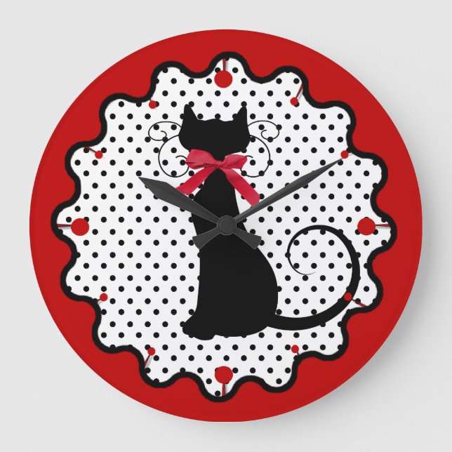 Polka Dots and Black Cat Large Clock (Front)