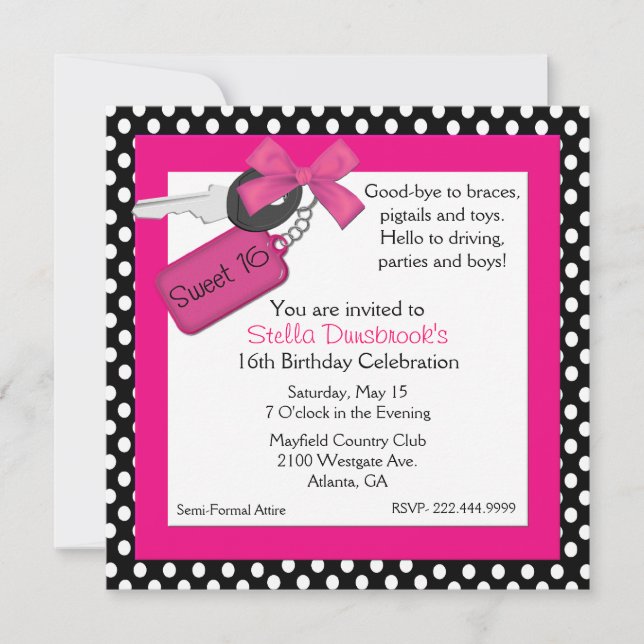 Polka Dots and Car Keys Sweet 16 Invitation (Front)