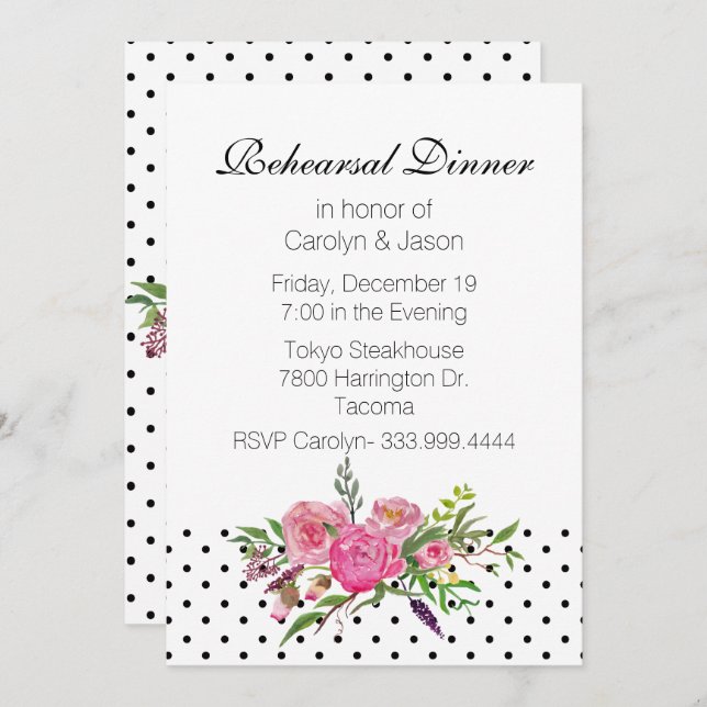 Polka Dots and Peonies Rehearsal Dinner Invitation (Front/Back)
