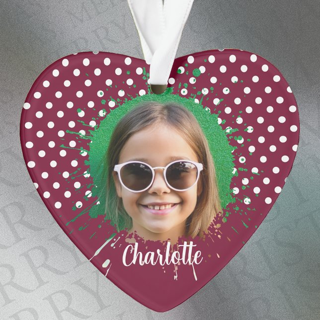 Polka Dots and photo on burgundy  Ornament (Creator Uploaded)