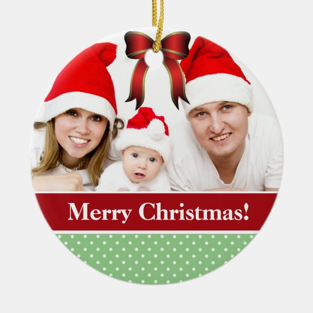 Polka Dots and Red Bow Custom Photo Christmas Ceramic Ornament (Front)