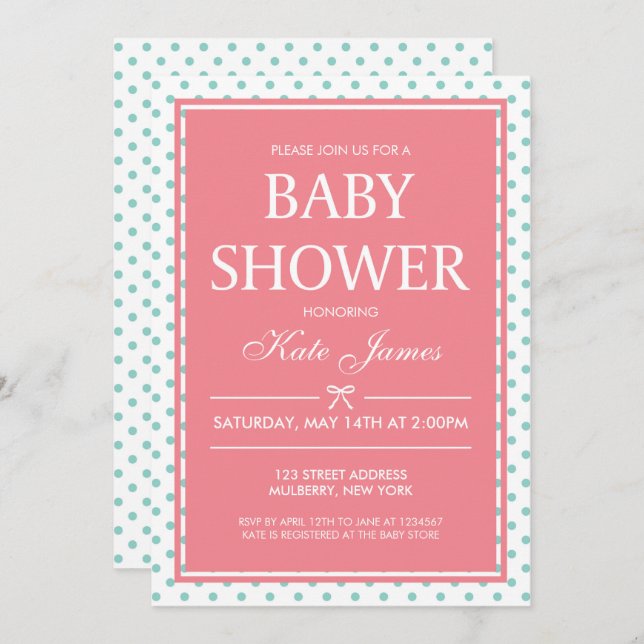 Polka Dots and Ribbon Pink Baby Shower Invitation (Front/Back)