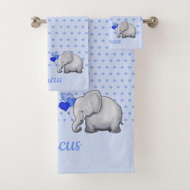 Polka Dots Baby Name Blue Elephant Shower Nursery Bath Towel Set (Insitu)
