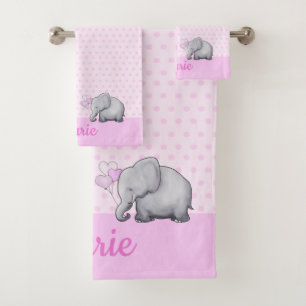 Polka Dots Baby Name Pink Elephant Girl's Nursery Bath Towel Set