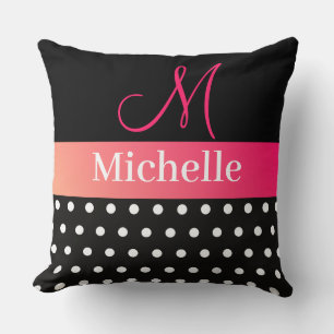 Polka Dots Black White Pink Monogram Script Cushion