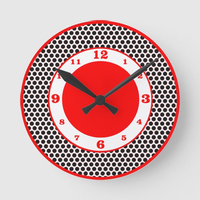 Polka Dots- Black, White & Red Round Clock (Front)
