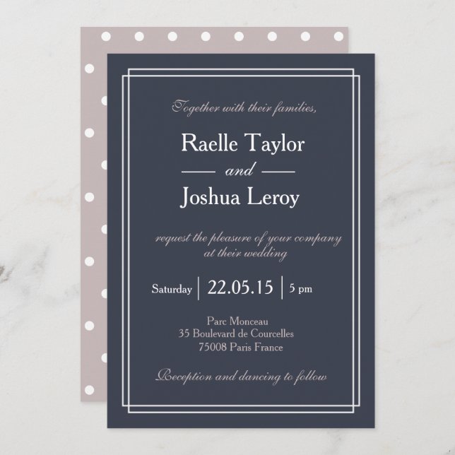 Polka dots blue blush white minimalist wedding invitation (Front/Back)