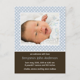 Polka Dots Blue/Brown • Baby Announcement Postcard