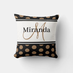 Polka Dots Brown White Stripe Black Monogram Cushion
