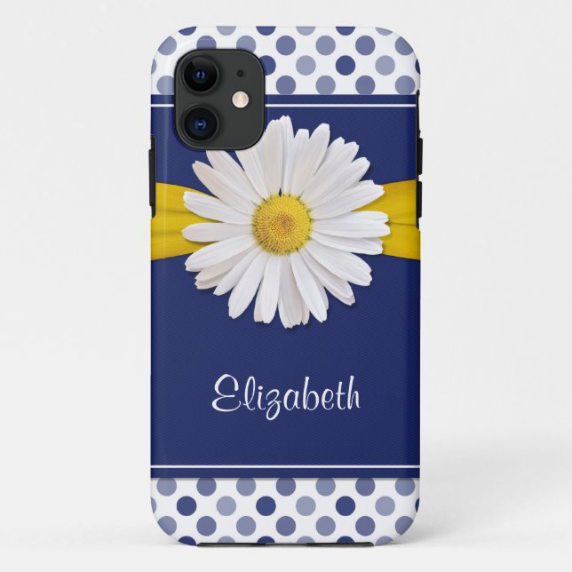 Polka Dots Daisy Navy Blue Ribbon Case-Mate iPhone Case (Back)