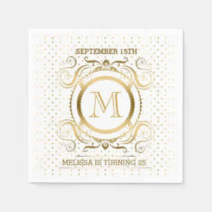 Polka Dots & Floral Frame In White And Gold Napkin