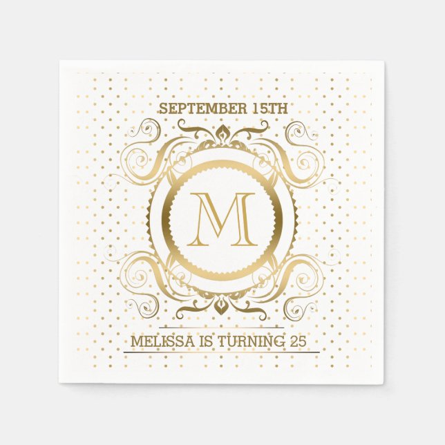 Polka Dots & Floral Frame In White And Gold Napkin (Front)