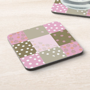 Polka Dots Flowers Brown Pink Quilt Coaster