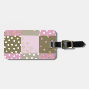 Polka Dots Flowers Brown Pink Quilt Luggage Tag