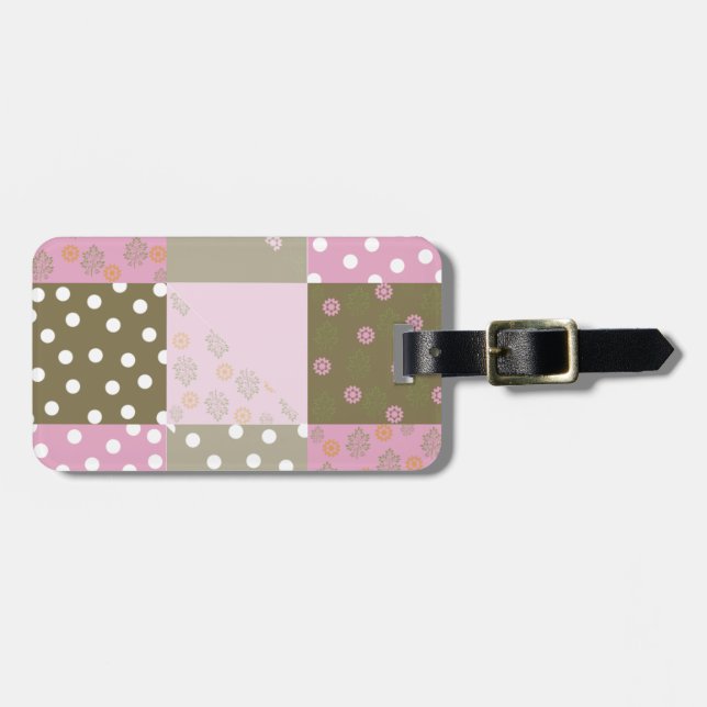 Polka Dots Flowers Brown Pink Quilt Luggage Tag (Front Horizontal)