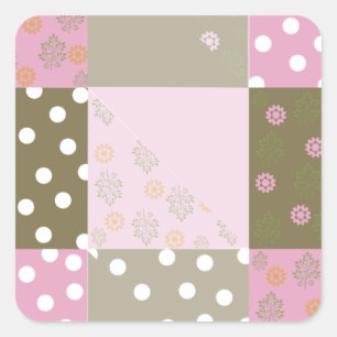Polka Dots Flowers Brown Pink Quilt Square Sticker