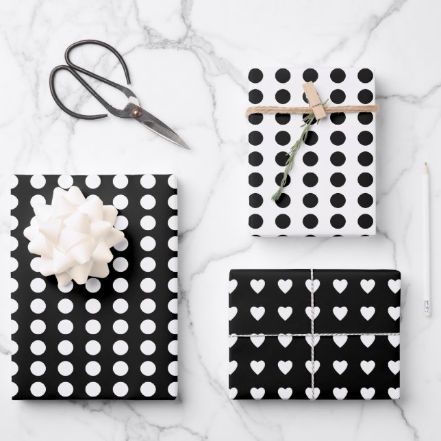 Polka dots hearts white black  wrapping paper sheet (Front)