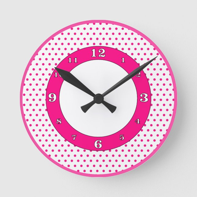 Polka Dots- Hot Pink Round Clock (Front)