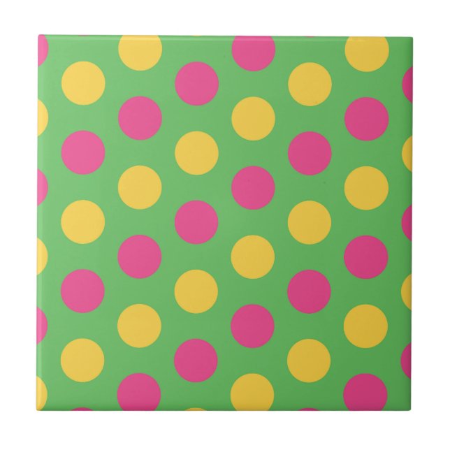 Polka Dots in Lime Green Hot Pink and Yellow Ceramic Tile (Front)