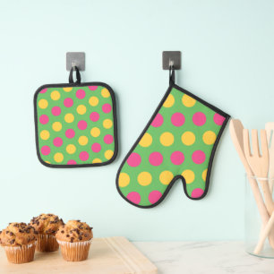 Polka Dots in Lime Green Hot Pink and Yellow Oven Mitt & Pot Holder Set