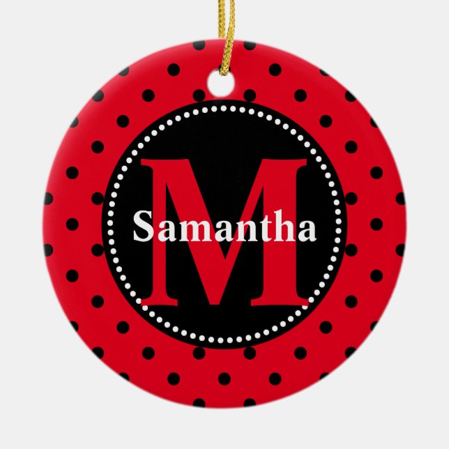 Polka Dots in Red and Black Personalised Ceramic Ornament (Front)