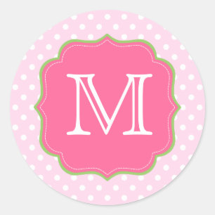 Polka Dots Monogram Pink and Green Classic Round Sticker